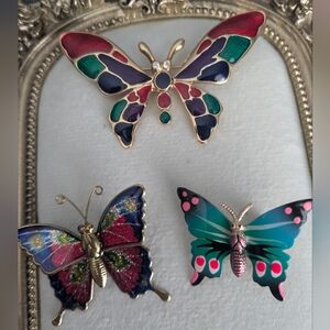3 Vintage Multicolored Gold Tone Butterfly Brooches